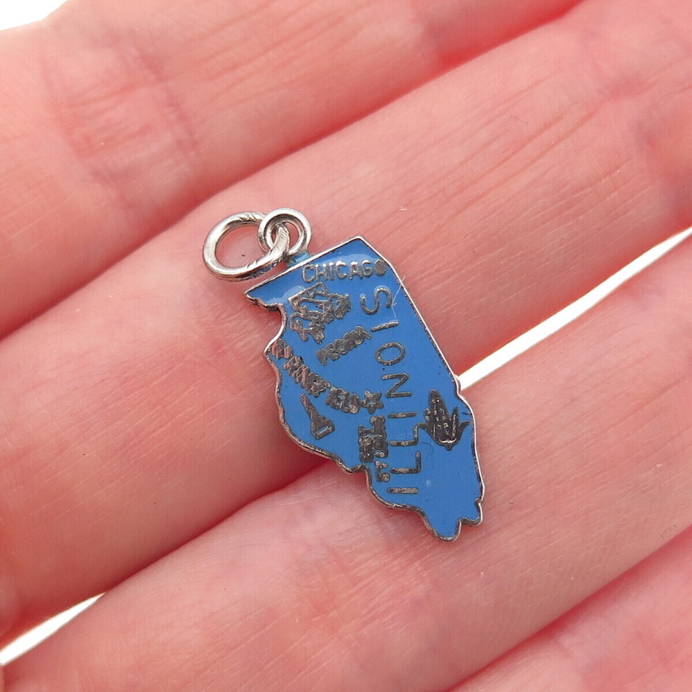 French & Franklin Sterling Silver Vintage Enamel Illinois State Map Mini Pendant